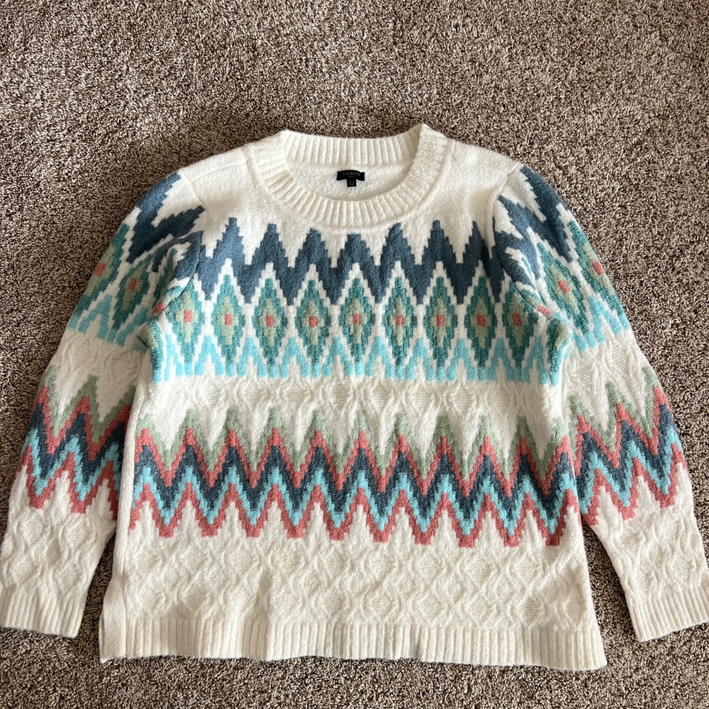 Talbots White and Multicolor Patterned Sweater - image 1